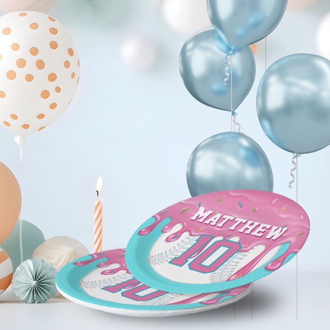 Assiettes En Carton Pink & Turquoise Baseball Drip Birthday Party (Pink baseball ice cream drip party paper plates)