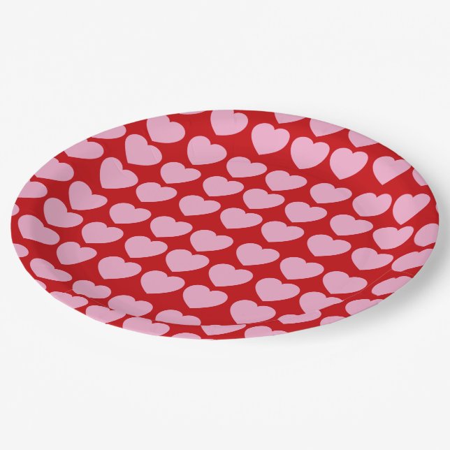 Assiettes En Carton Pink Valentines Hearts on Red (Angle)