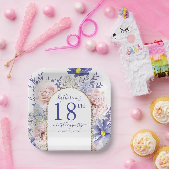 Assiettes En Carton Pink violet Floral Dieu Frame 18e fête d'anniversa (Fête)