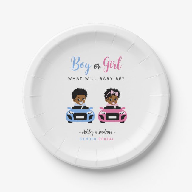 Assiettes En Carton Pink vs Blue Baby Car Race Gender Reveal Plates (Devant)