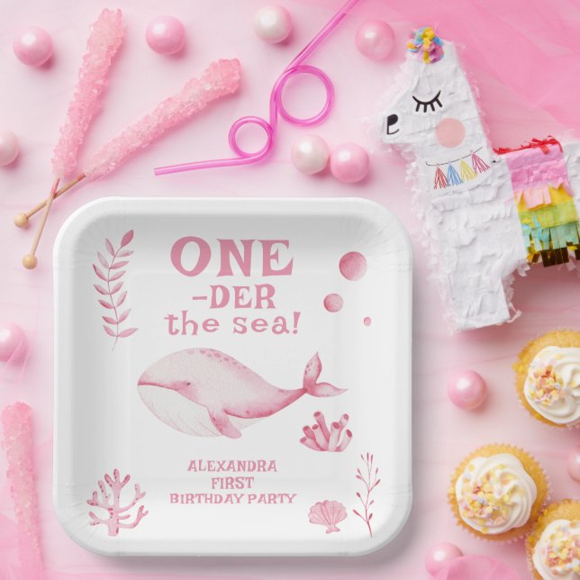 Assiettes En Carton Pink Whale Oneder The Sea 1st Birthday  (Fête)