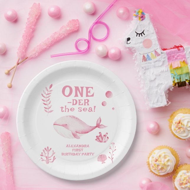 Assiettes En Carton Pink Whale Oneder The Sea 1st Birthday  (Fête)