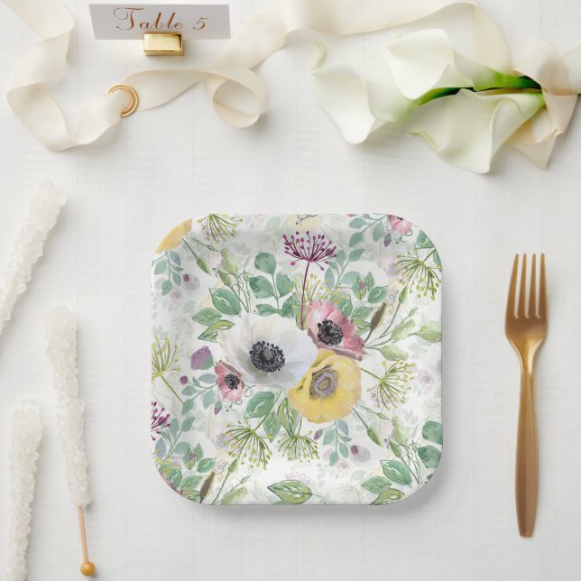 Assiettes En Carton Pink, white and yellow anemones.  paper plates (Mariage)