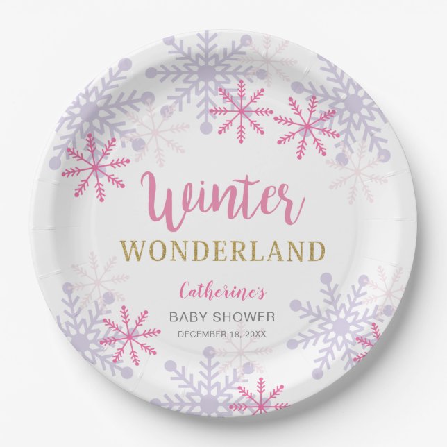 Assiettes En Carton Pink Winter Wonderland Baby shower Snowflakes Girl (Devant)