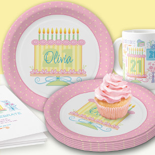 Assiettes En Carton Pink Yellow 21st Birthday Nom du gâteau