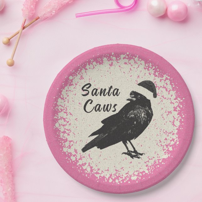 Assiettes En Carton Pinkmas Crow Santa Pink Black and Ivory Christmas (Fun pink, ivory, and black "Santa Caws" plates are great for your holiday time or Pinkmas party. )