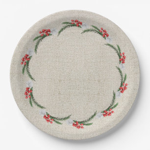 Assiettes En Carton Pins Berries et fleurs Noël