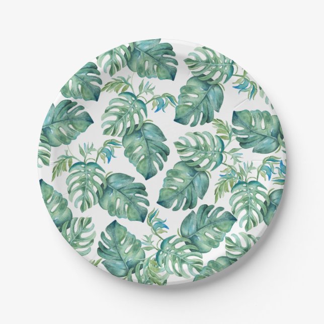 Assiettes En Carton Pique-nique d'aquarelle Tropical Green Palm Feuill (Devant)