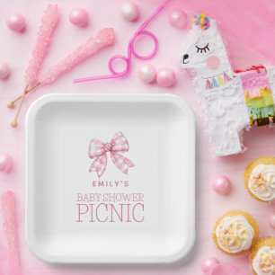 Assiettes En Carton Pique-nique moderne Pink En vichy Bow Nom Baby sho