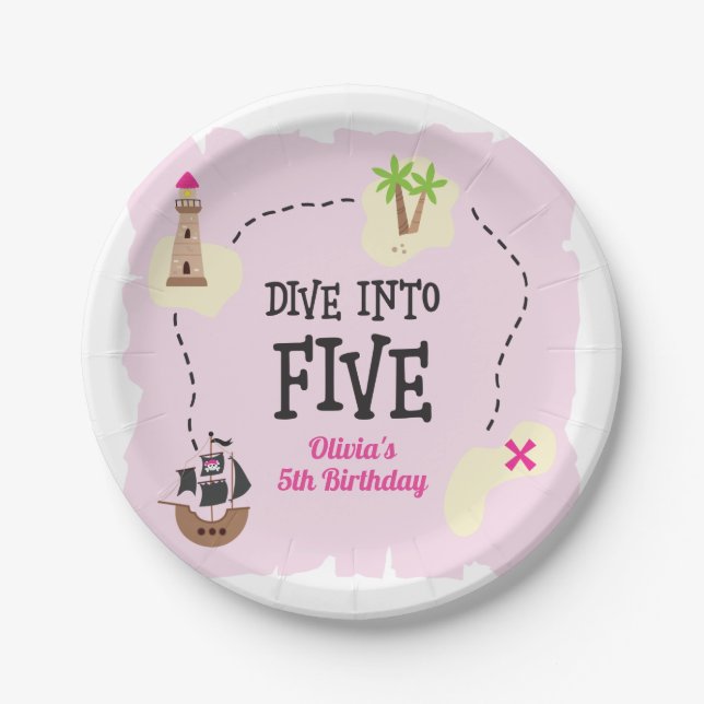 Assiettes En Carton Pirate Map plonger dans cinq rose 5e anniversaire (Devant)