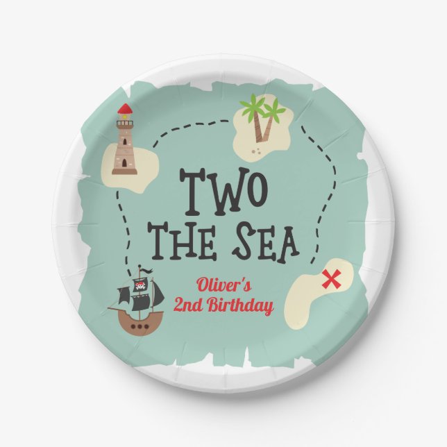 Assiettes En Carton Pirate trésor carte deux la mer 2e anniversaire (Devant)