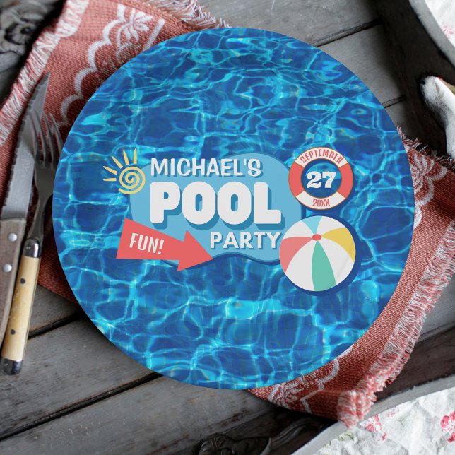Assiettes En Carton Piscine d'été Fête Tropicale Anniversaire Bleu (Créateur téléchargé)