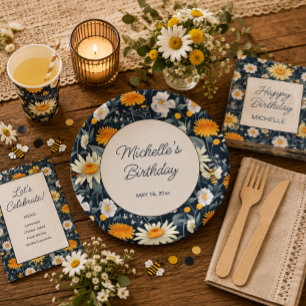 Assiettes En Carton Pissenlits Marguerites Bleu Nuit Anniversaire Nom 