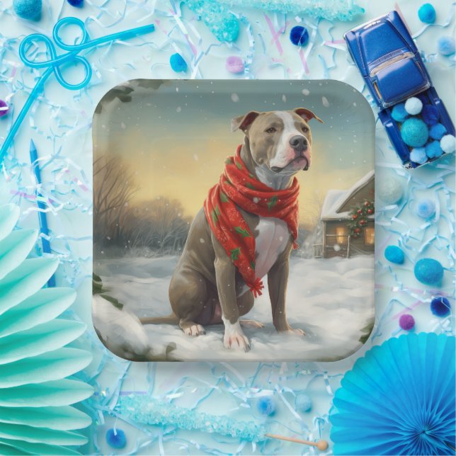 Assiettes En Carton Pitbull Chien dans Noël de neige (Fête)
