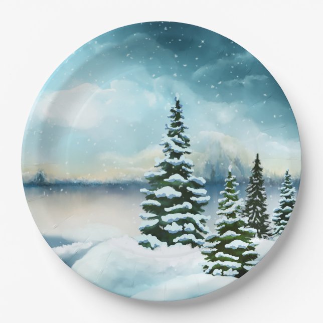 Assiettes En Carton Pittoresque Winter Wonderland aquarelle peinture (Devant)