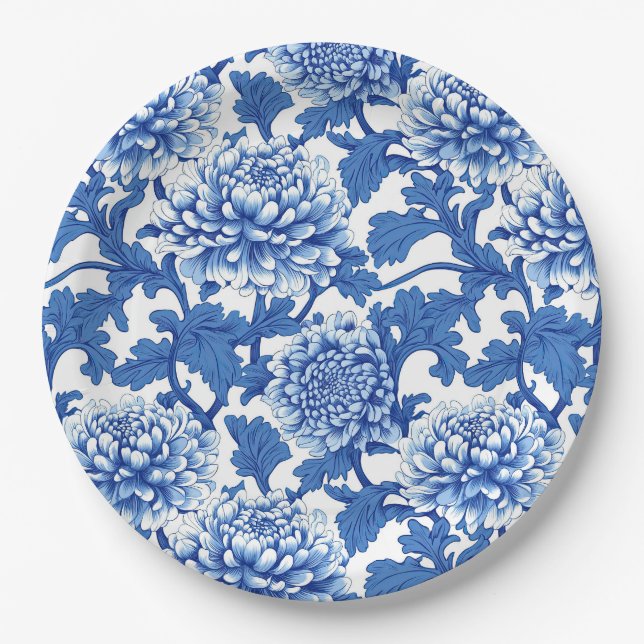 Assiettes En Carton Pivoine bleue et blanche en chinoiserie florale (Devant)