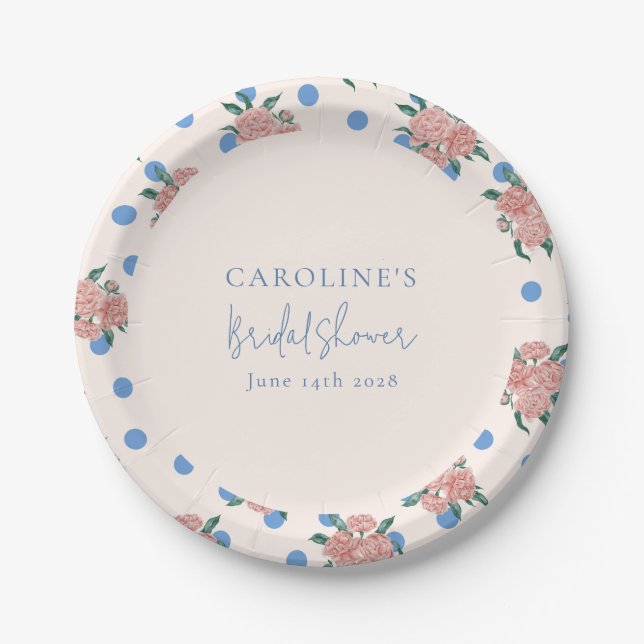 Assiettes En Carton Pivoine Rétro Floral Points Bleus Mariage Personna (Devant)