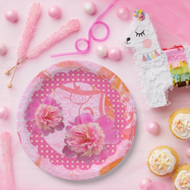 Assiettes En Carton Pivoines roses  (Fête)