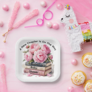 Assiettes En Carton Pivoines roses et livres Nouveau chapitre Fille Ba