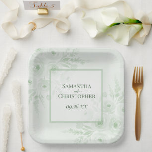 Assiettes En Carton Pivoines Vert Sauge Rustiques Élégant Mariage Bohè