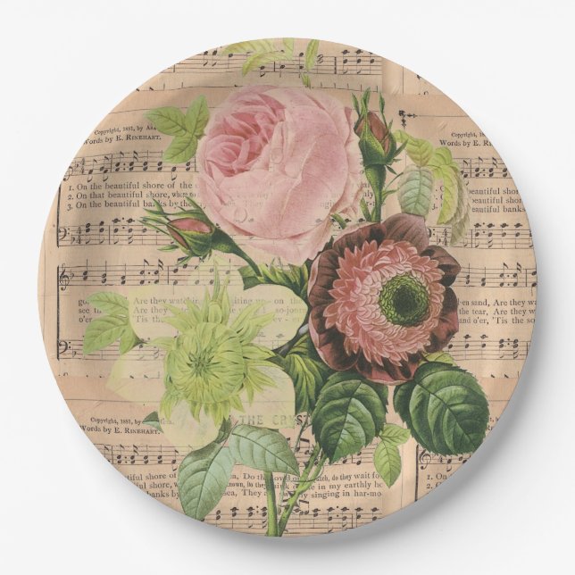 Assiettes En Carton Pivoines Vintage & Partition de Musique (Devant)