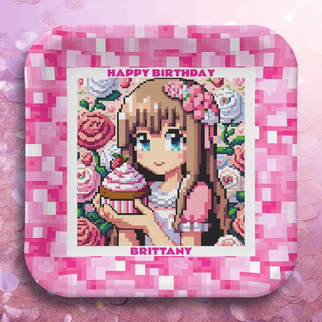 Assiettes En Carton Pixel Art Girl's rose fête d'anniversaire personna (Créateur téléchargé)