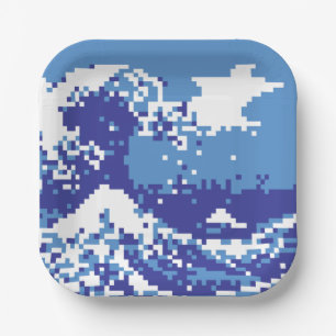 Assiettes En Carton Pixel Tsunami bleu 8 bits Pixel Art