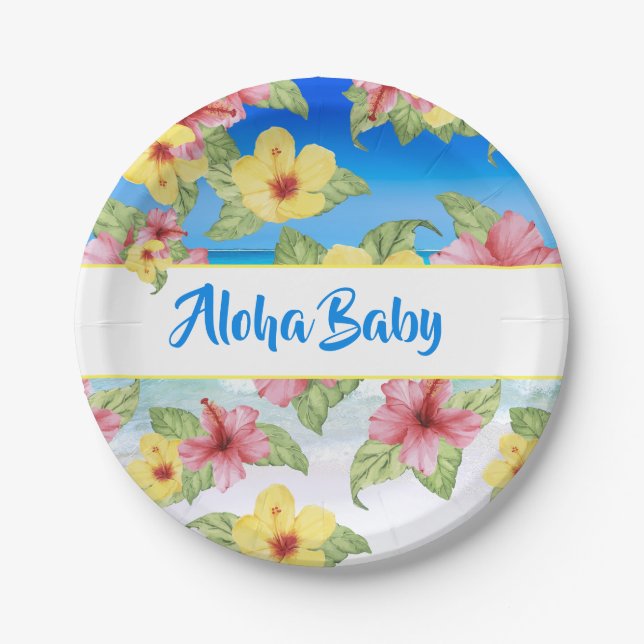 Assiettes En Carton Plage de Baby shower de fleurs tropicales Aloha (Devant)