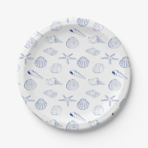 Assiettes En Carton Plage de coquillages Bleus Blancs à la main Été