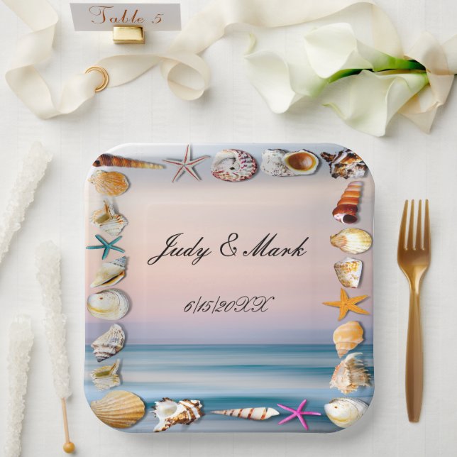 Assiettes En Carton Plage De Sable Tropical Et Coquillages (Mariage)
