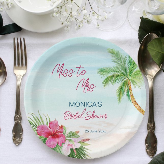 Assiettes En Carton Plage d'été pluie tropicale imprimé (Summer beach tropical bridal shower printed paper plates personalized tableware pink hibiscus palms)