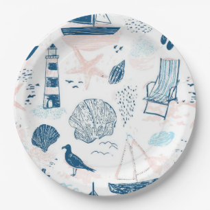 Assiettes En Carton Plage Nautique Été Bleu Rose Côtière (1)