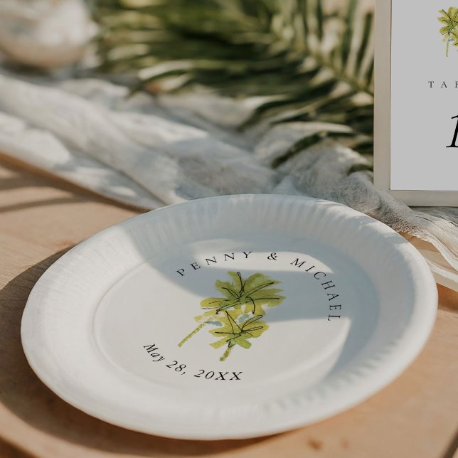 Assiettes En Carton Plage Palm Trees Tropical Minimal (Tropical beach watercolor palm trees chic wedding paper plates.)