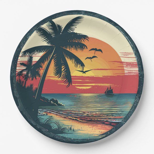 Assiettes En Carton Plage Retro Sunset Tropical Party Theme Plage (Devant)