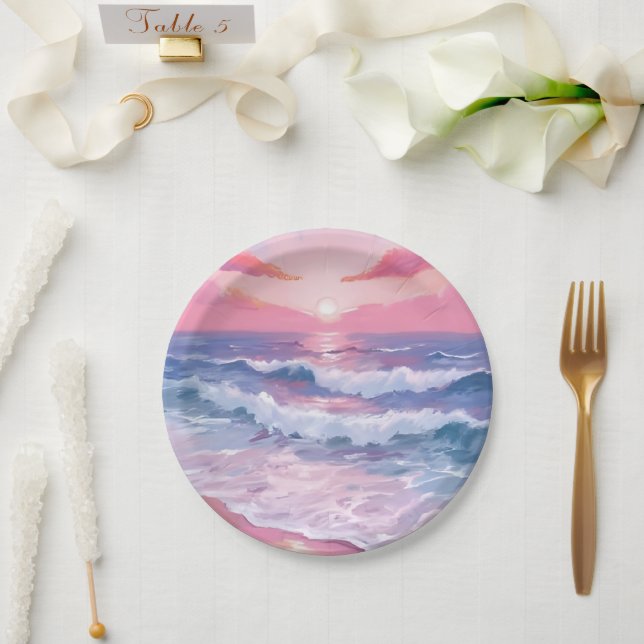 Assiettes En Carton Plage Rose Ocean Shore Peint (Mariage)