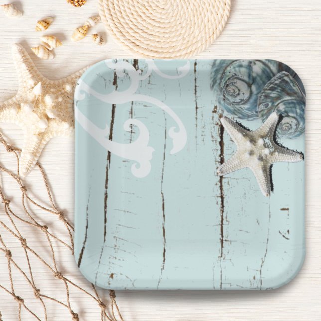 Assiettes En Carton plage rustique aqua bleu coquillage étoile mariage (rustic beach aqua blue seashell starfish wedding paper plates)
