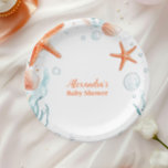 Assiettes En Carton Plage Starfish & Seashells Baby shower élégant<br><div class="desc">Mettez la voile dans une aventure océanique fantasque avec notre Aquarelle sous les plaques de papier de mer. Avec une aquarelle sereine illustrant une baleine ludique nageant à travers des vagues océaniques douces, entourées de créatures marines douces comme l'étoile de mer, les hippocampes et le corail, ces assiettes apportent une...</div>