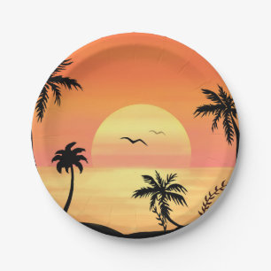 Assiettes En Carton Plage tropicale coucher de soleil Palm Tree Silhou