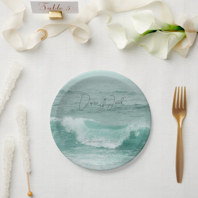 Assiettes En Carton Plage Turquoise Blanc Marine (Mariage)