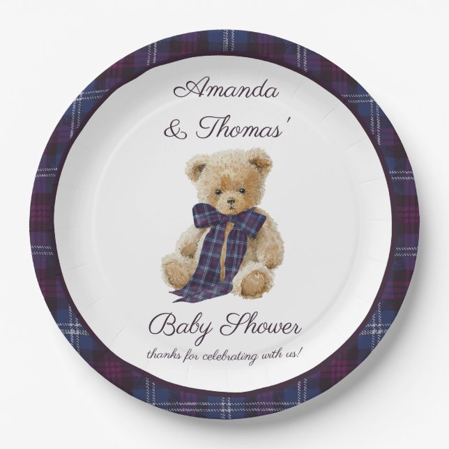 Assiettes En Carton Plaid Bear Themed Baby Shower  (Devant)