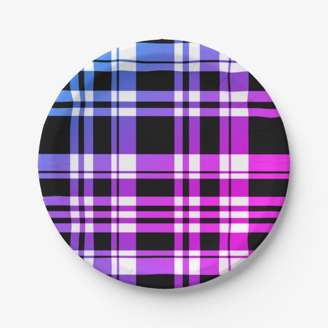 Assiettes En Carton Plaid bleu violet rose et blanc (Devant)