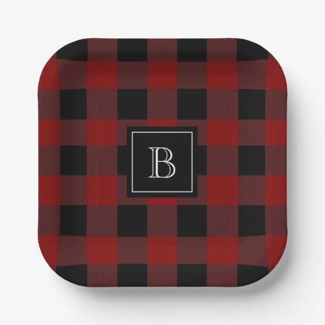 Assiettes En Carton Plaid Buffalo Rustique Monogramme Rouge Noir Moder (Recto)