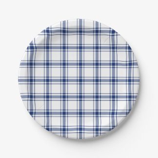 Assiettes En Carton Plaid Nautique Bleu et Blanc
