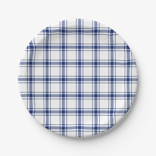 Assiettes En Carton Plaid Nautique Bleu et Blanc (Devant)