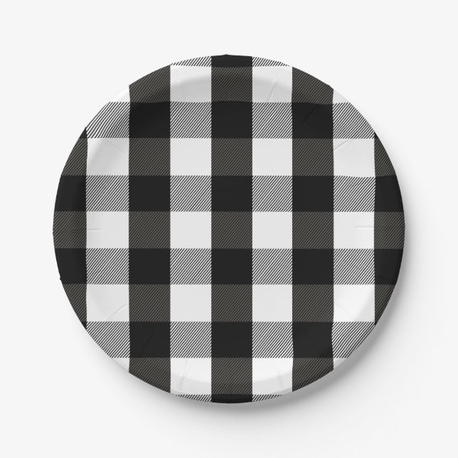 Assiettes En Carton Plaid noir et blanc de bûcheron (Devant)