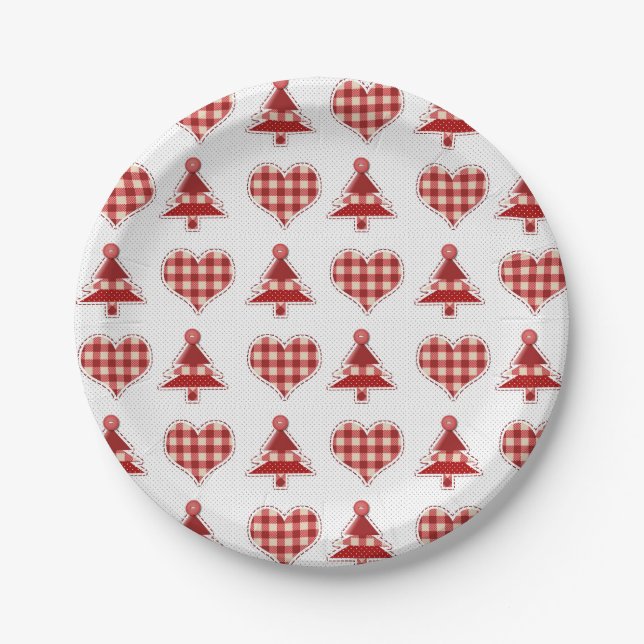Assiettes En Carton Plaid Red Christmas Trees and Hearts Motif (Devant)