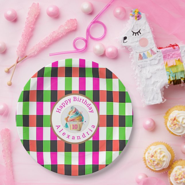 Assiettes En Carton Plaid rose et vert | Cupcake (Fête)