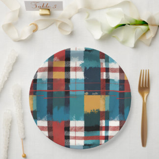 Assiettes En Carton Plaid rustique en rouge Turquoise et jaune