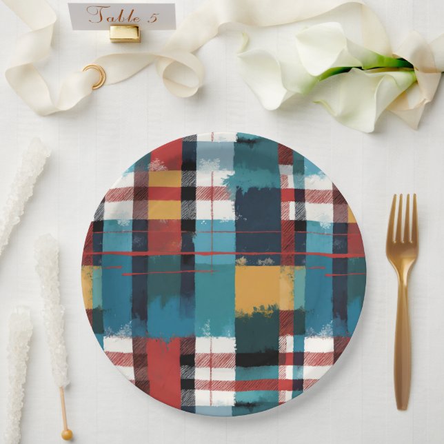 Assiettes En Carton Plaid rustique en rouge Turquoise et jaune (Mariage)