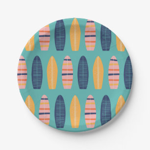 Assiettes En Carton Planches de surf roses Surfs Up et fleurs